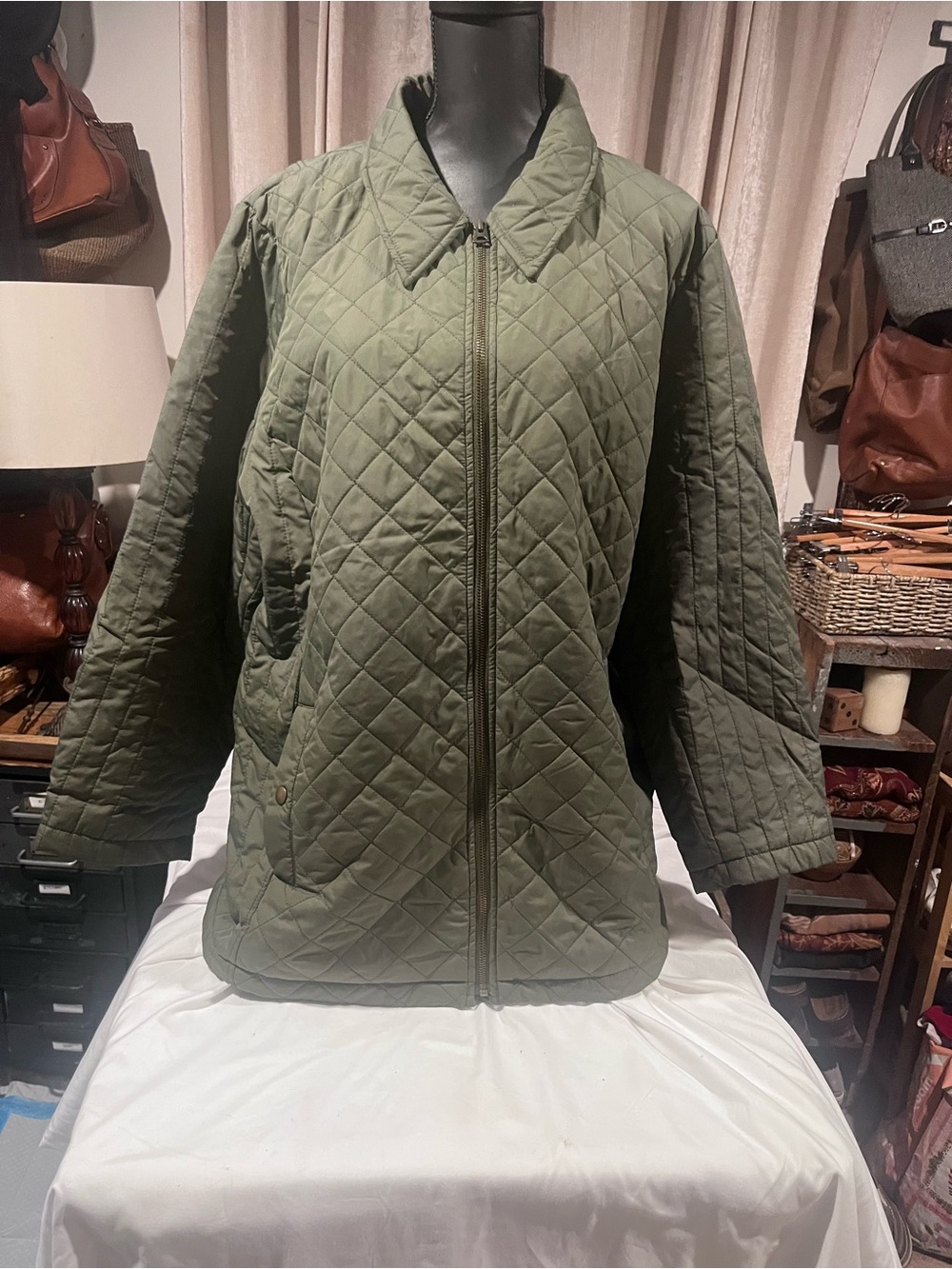 Quilted Olive Green Women's Jacket - Classic Zip Front